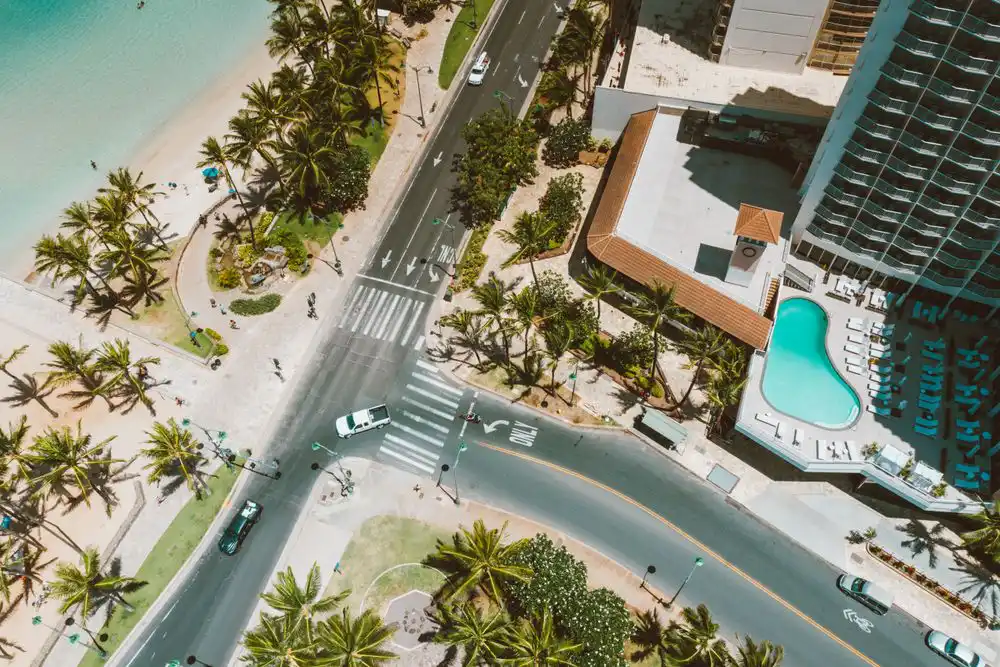 An aerial view of a resort in Honolulu